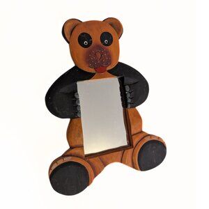 Vintage Handmade Wooden Bear Small Mirror Small 9.5"x7.5" OOAK MCM Retro